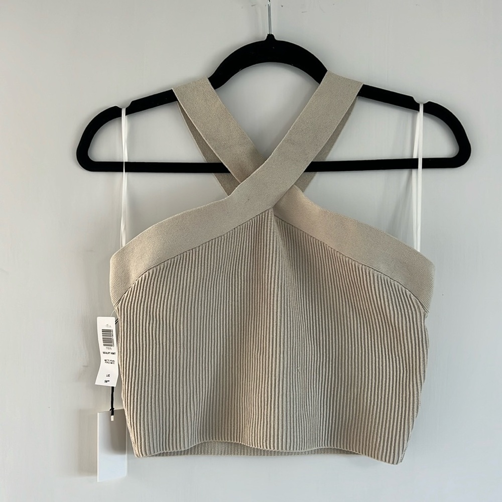 NWT Aritzia Babaton sculpt knit cross neck crop top | size L | matte pearl
